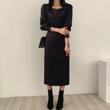 Women Chic Square Collar Dress OL Ladies Puff Long Sleeve Slim Waist Vestdios Female Lace-Up