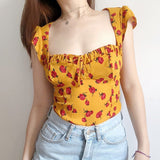 Sweetheart Tie Neck Top With Hollow Out Back In Yellow Floral