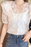 Summer V Neck Lace Shirt Fashion Short Sleeve Ruffle Stitching Sweet Women Tops with Suspenders Korean Crochet Blouse