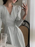 Vintage Elegant Drawstring V Neck Midi Dress Fashion Ruched Long Sleeve Korean Party Dress Casual Autumn New