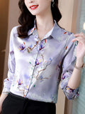Women's Shirt Long Sleeve Blouse Fashion 2023 Spring New Womens Tops Basic Floral Shirts for Women OL Satin Female