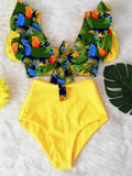Ruffled Hem Bikini Set Women Flora V-Neck High-Waisted Two Piece Swimsuit 2023 Girl Beach Bathing Suit Swimwear