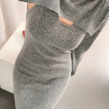 Autumn Ladies Maxi Slit Dress Elegant Women 2 Piece Set Dress Long Sleeve Solid Color Bodycon