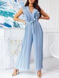 Women Solid Pencil Pants Slim Playsuit Elegant Waist Lace-up Belt Jumper Summer V Neck Ruffles Layered Ladies Office