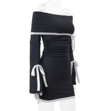 Black Long Sleeve Off-shoulder Bow Mini Dress-Outfit