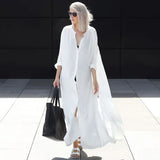 Queens Women White Long Sleeve Beach Loose Bohemian Maxi Sundress Ladies V-neck Boho Shirt