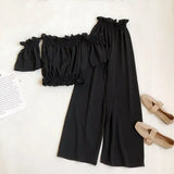 2021 New Summer Women Casual Solid Color Off Shoulder Short Tops+Elastic Waist Wide Leg Long Pants Sexy Two Piece