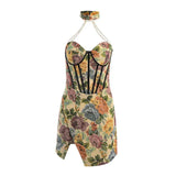 Women Elegant Halter Floral Printed Party Club Bodycon Split Straps Mini Dress 2022 Summer Clothes Wholesale