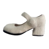 Autumn And Winter New Mink Hair And Velvet Mary Jane High Heels Round Head Thick Heel Simple Lamb Wool Shoes Middle