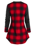 Sleeve Plaid Print Lace-up T-shirt Women Plaid Sweater Shirt Cowl Neck Form Fitting Casual Tunic Top Blouse