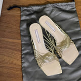 Head Cross Fine Striped High Heel Cool Slippers Woman 2025 New Temperament Thin Heel Toe Roman Sandals