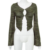 90s Aesthetics Ruffles Button Green T-shirts Y2K Fairy Grunge V-neck Flare Sleeve Ruched Slit Crop Tops Sexy Tee