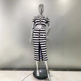 New Black And White Striped Bandage Skirt Fashion Show Shoulder Dress Two Sets Of High Street Party