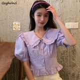 Women Short Solid Peter Pan Collar Puff Sleeve Kawaii Sweet Slim French Style Fashion Designer Student Daily Summer