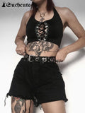 SUCHCUTE Dark Academia Halter Crop Tops Women Gothic Front Lace Up Hollow Out Tank Top Summer Punk Style Chic Chian Slim