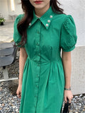 Kitty Elegant Lapel Flowers Women Dress Close Waist Summer Slim Stylish All Match Office Lady High Street Short