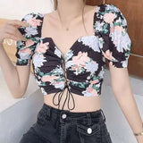 Fashion Women Floral Print Drawstring Blouses Shirt Women Short Sleeve French Vintage Bandage Lace Tops Female