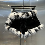 Low Waist Lace-up Fur Trim Shorts- Outfit