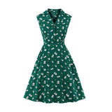 Vintage Office Women's French Swing Dress Green Red Female Beach Bohemian Turn Down Collar Button Chiffon Floral