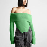Zingj 2024 New Fashion Temperament One Word Shoulder Slim Slim Long-Sleeved Sweater Women's Solid Color Back