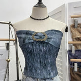 Old Style Retro Brae Waist-Dyed Wear Sexy Shoulder-Wrapped Sleeveless Top