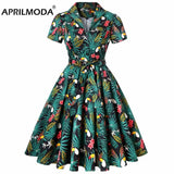 Cotton Vintage Tunic Midi Dress 50S Short Sleeve 4XL 70s Robe Swing Retro Floral Print White Rockabilly Office