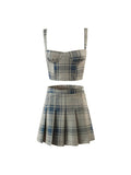 women sets short camis plaid crop top with zipper streetwear slim two piece set casual short