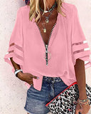 New V-Neck Zipper Shirt Half-Horn Sleeve Grid Spliced Loose Casual Shirt For