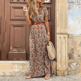 2020 Bohemian Summer Casual Belt Print Split Women's Dress Fashion Sexy Deep V Neck Short Sleeve Ladies Dresses
