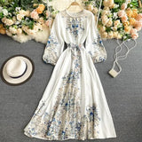 2021 New Autumn Women Vintage Print Dress Lantern Sleeve Sashes Tie Up Zipper Back O Neck High Waist Elegant