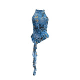 Trend Irregular Hanging Neck Dyeing Net Yarn Vest Lotus Side Ribbon Short Sleeveless Top