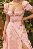 Floral Print Summer Dress Women Puff Sleeve Square Collar Elegant Split Sexy Cotton Long Party Dress Casual Boho Beach