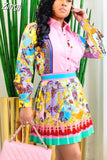 Pieces Set Sexy Spring Autumn Fashion Women Set 2023 Female Tops Floral Print Long Sleeve Shirt Zipper Mini