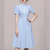 Elegant Temperament Collar Bubble Sleeves In The Summer Of 2025, Showing Thin Splicing Striped