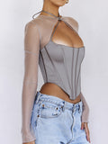 Sexy Hollow Out See Through Crop Top Women Outfits Summer Irregular Long Sleeve T-shirt Female Fashion Cropped