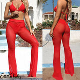 Sexy Women Beach See-through Mesh High Waist Elastic Sheer Wide Leg Pants Trousers Bikini Cover Up