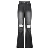 Holes Ripped Flare Jeans Woman Blue Skinny High Waist Denim Pants Capris Summer Pocket Fashion Trousers