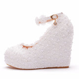 Lace Wedding Shoes Slope Heel Single Shoes Buckle With Slope Heel Shoes Waterproof Table Large Size