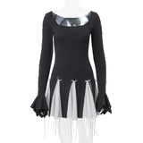 Black Long Sleeve White Frill Patchwork Bow Mini Dress-Outfit