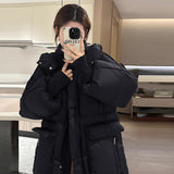 High-End Long Down Jacket Female 2024 Winter New Korean Version Fashion Thickened Large Pocket Over The Knee Warm Coat Large Size-Outfit