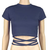 Summer Women Black Short T-Shirts Sexy Crop Tops Short Sleeve Bandage Tee Tops Female Shirts Fashion Woman