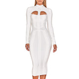 Women White Bandage Dress Bodycon 2021 New Arrivals Sexy Cut Out High Neck Long Sleeve Party Rayon Bandage Midi