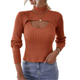 Women's Spring Autumn Outfit Sets Solid Color High Neck Long Sleeve Short Knitwear Ribbed Sling Vest Shirt 2pcs Knitted