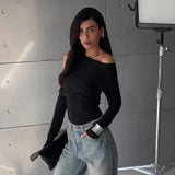 Black Asymmetrical Cut Out Off Shoulder Long Sleeve Top- Outfit