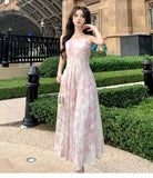 Print Elegant Beach Dress 2023 New Women Vintage Pearl Beading Sweet Midi Dress Female Princess Fairy Strap Evening