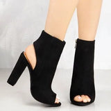 Boots Faux Suede Leather Casual Open Peep Toe High Heels Zipper Fashion Square Rubber Black Shoes For Women Plus Size
