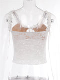 Retro Lace Floral See Through Sleeveless Camis Tops for Women 2023 Ruffle Strap Tie-up O-neck Slim Fit Tank Mini