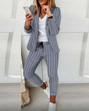 Women Autumn Lapel Collar Plaid Blazer Coat & Drawstring Pants Set Long Leggings Suit Work Wear 2 Piece Jacket