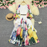 Zingj New Women's Dress Oversized Skirt Print Pleated Waist Lace Holiday