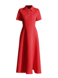 French Simple Style Slim Dress 2025 New Metal Decoration Polo Collar Solid Color Long Dress